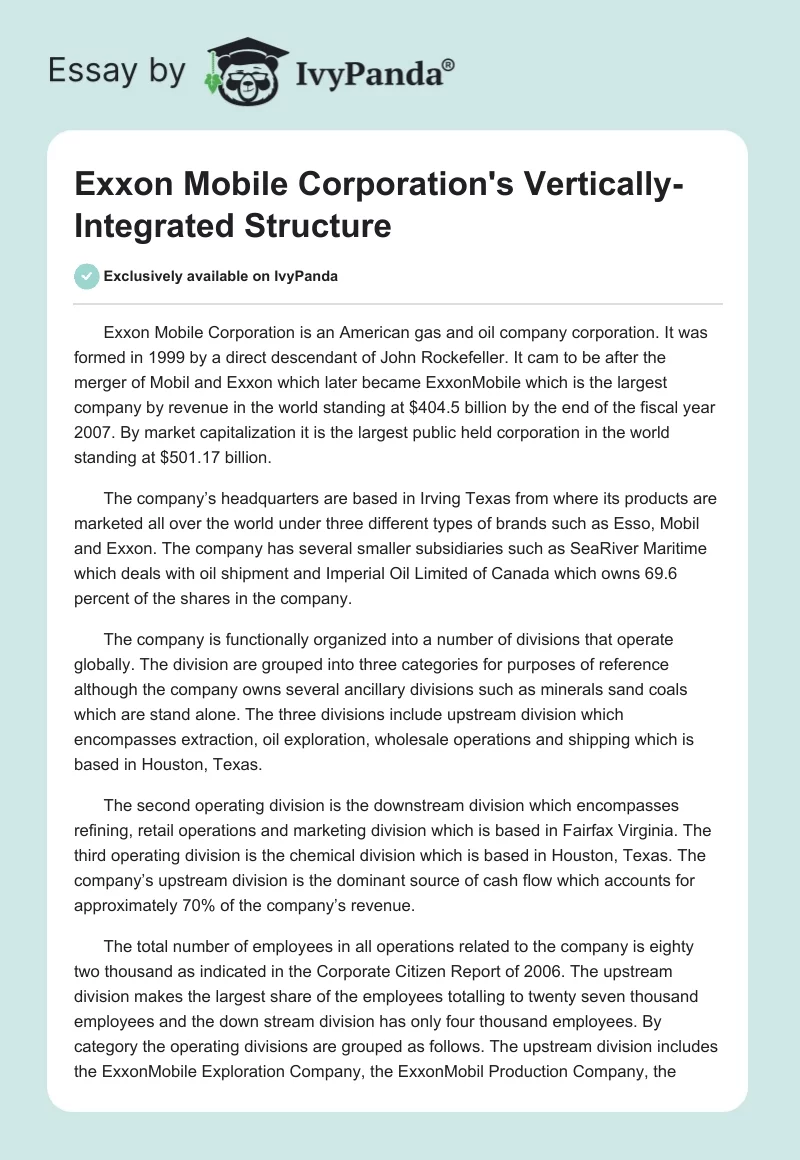 Exxon Mobile Corporation's Vertically-Integrated Structure. Page 1