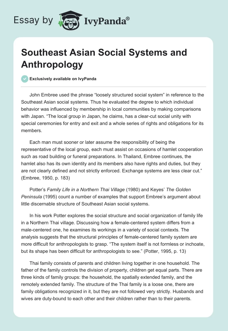 Southeast Asian Social Systems and Anthropology. Page 1