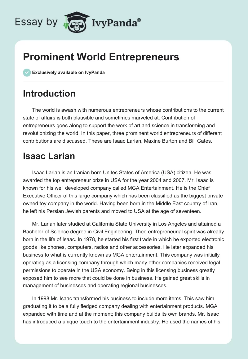 Isaac Larian and Maxine Burton: Entrepreneurial Success Stories. Page 1