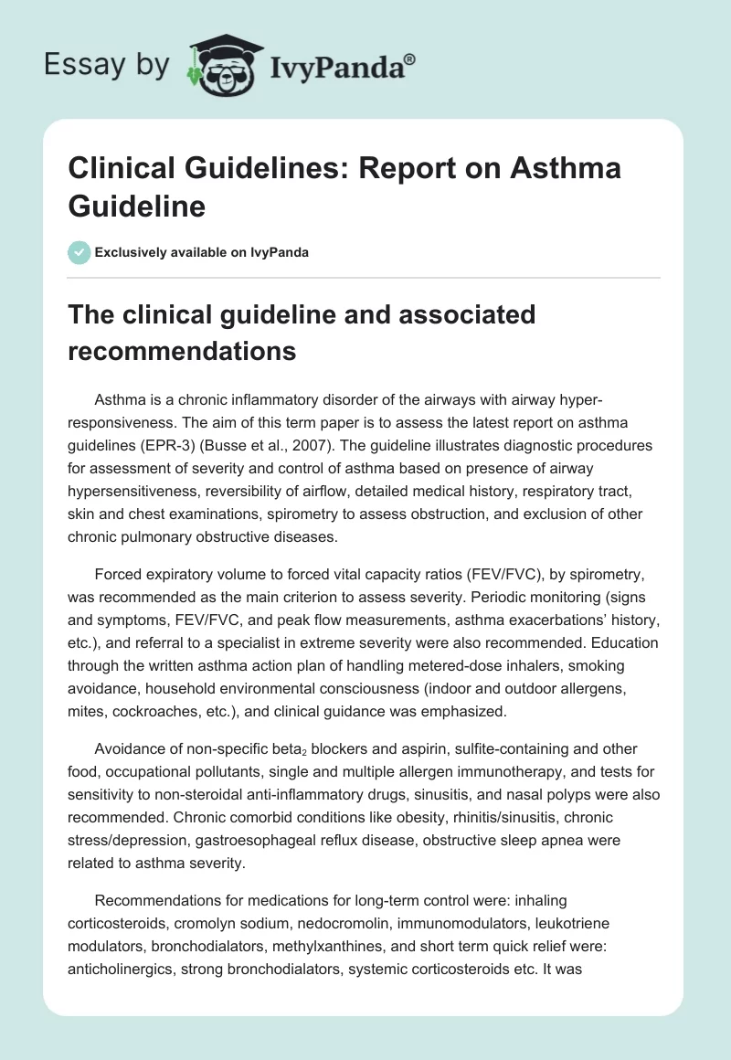 Clinical Guidelines: Report on Asthma Guideline. Page 1