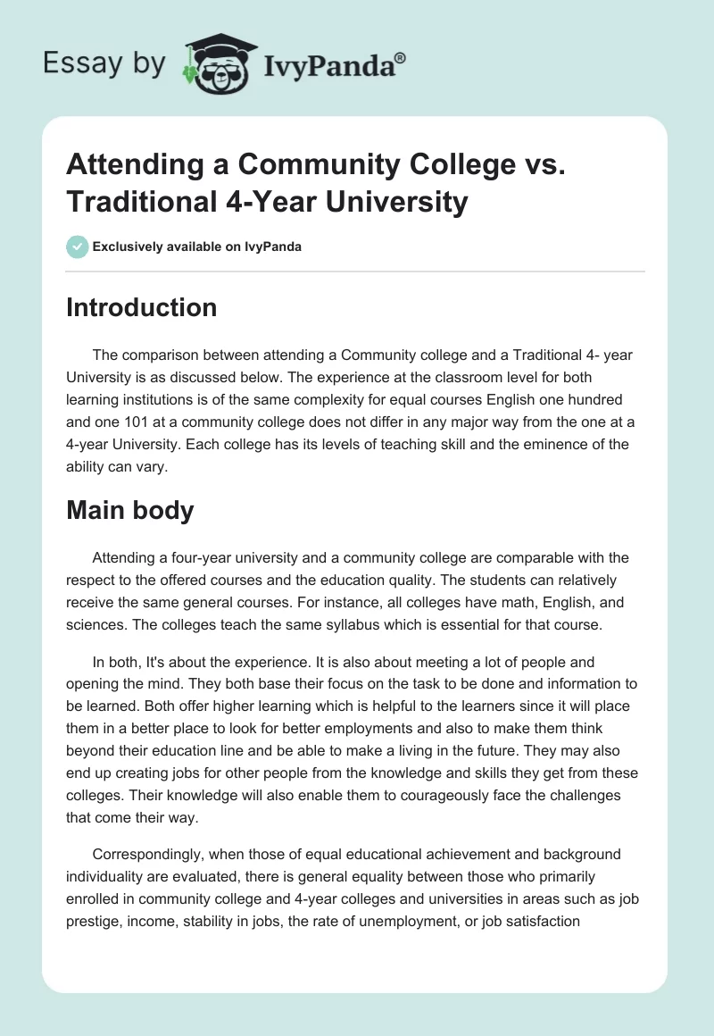 Attending a Community College vs. Traditional 4-Year University. Page 1
