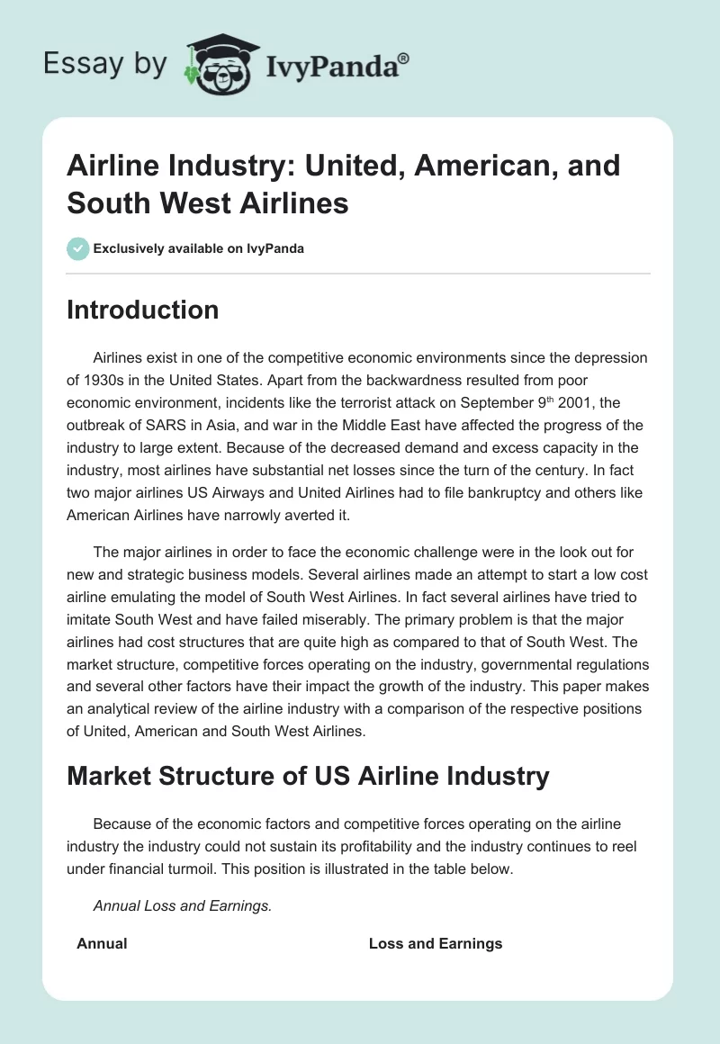 Airline Industry: United, American, and South West Airlines. Page 1