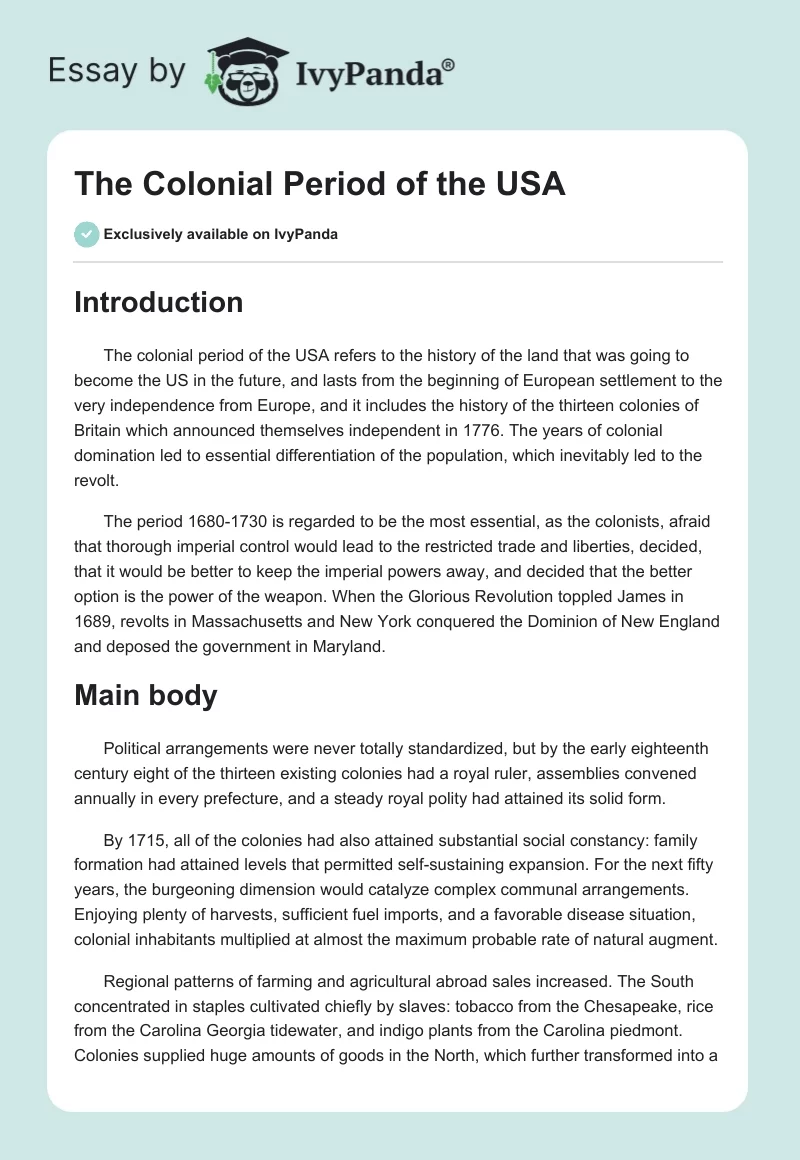 The Colonial Period of the USA. Page 1