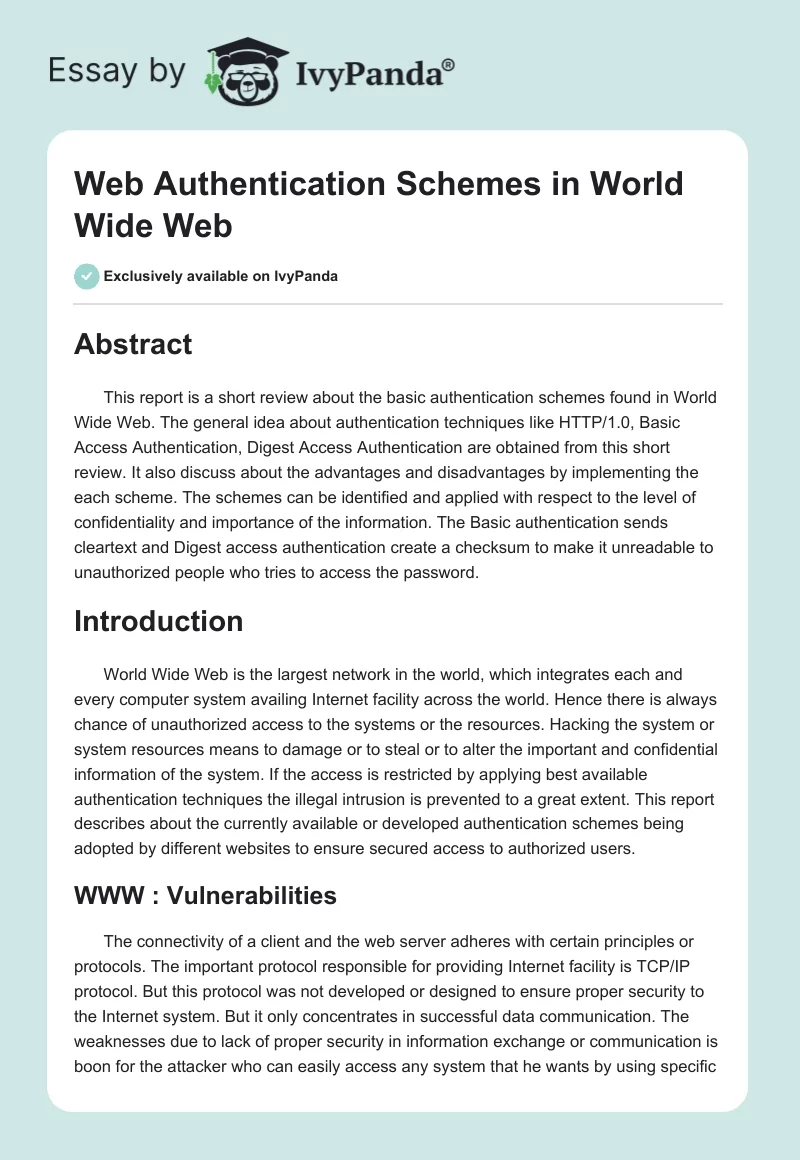 Web Authentication Schemes in World Wide Web. Page 1