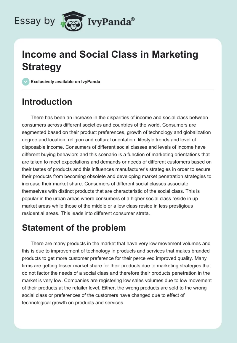 Income and Social Class in Marketing Strategy. Page 1