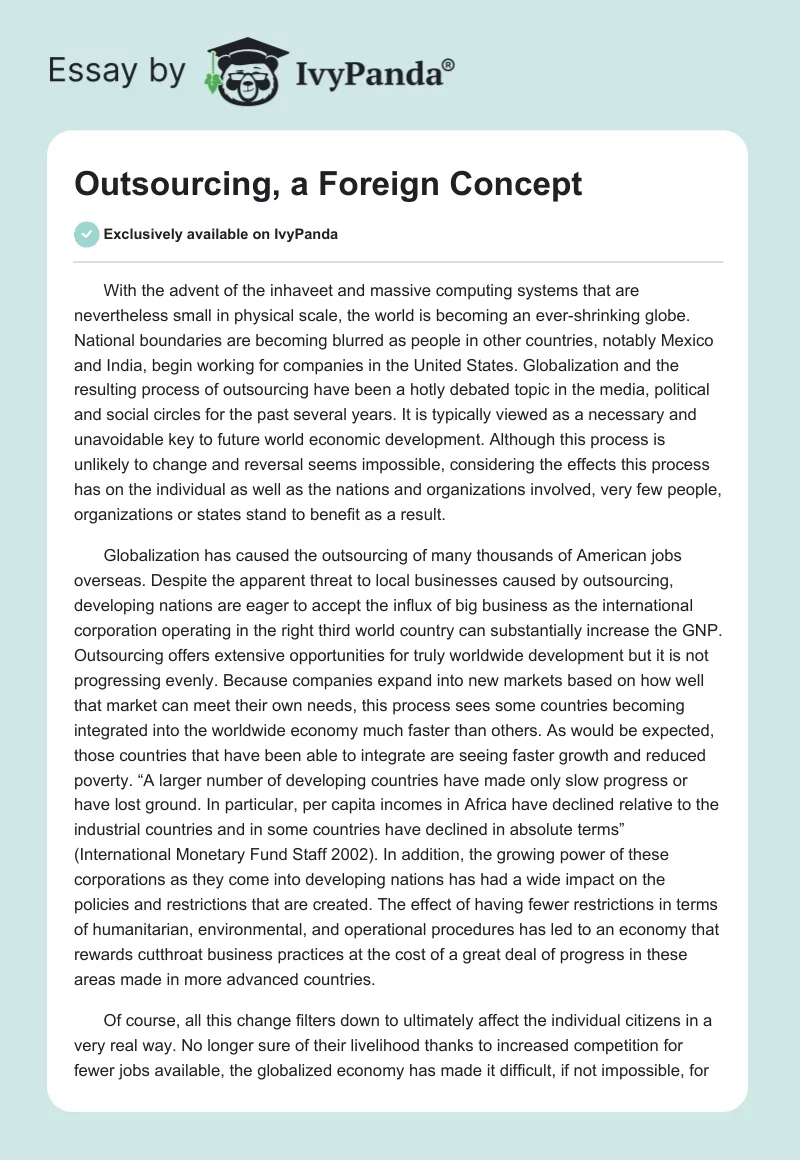 Outsourcing, a Foreign Concept. Page 1