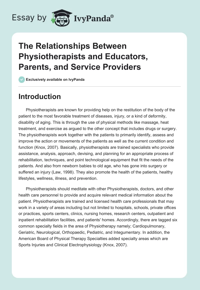 The Relationships Between Physiotherapists and Educators, Parents, and Service Providers. Page 1