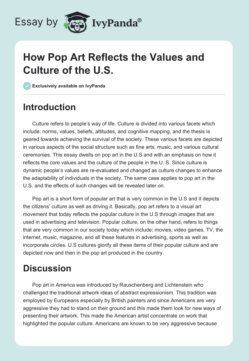 How Pop Art Reflects the Values and Culture of the U.S.. Page 1