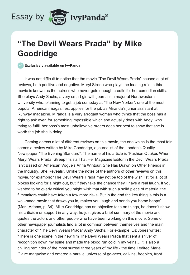 “The Devil Wears Prada” by Mike Goodridge. Page 1
