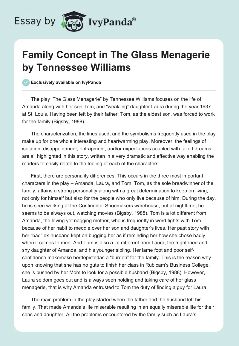 Family Concept in "The Glass Menagerie" by Tennessee Williams. Page 1