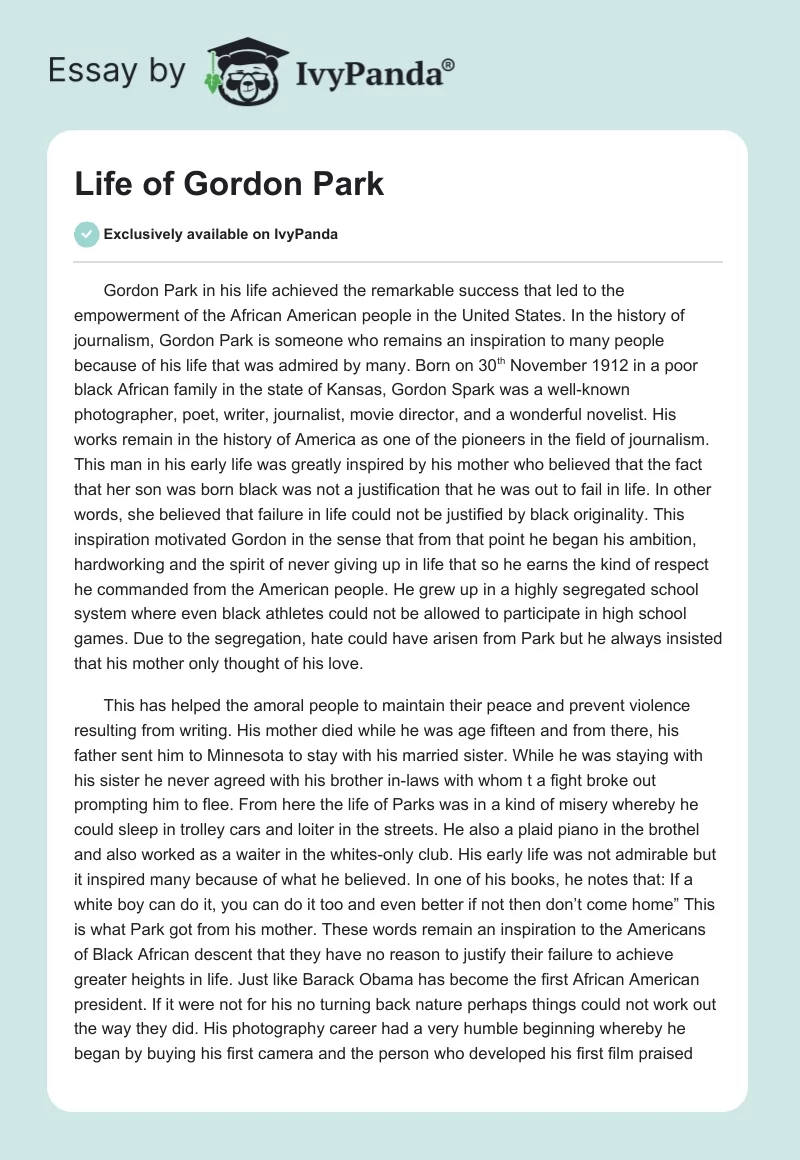Life of Gordon Park. Page 1