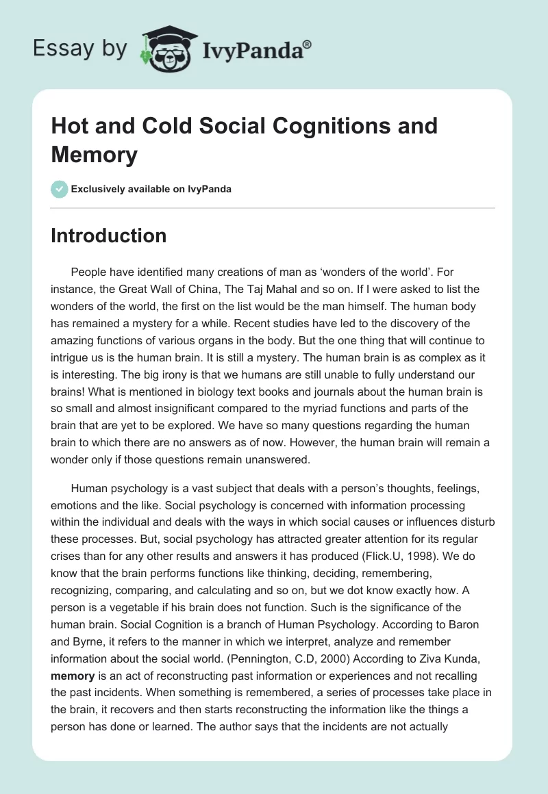 Hot and Cold Social Cognitions and Memory. Page 1