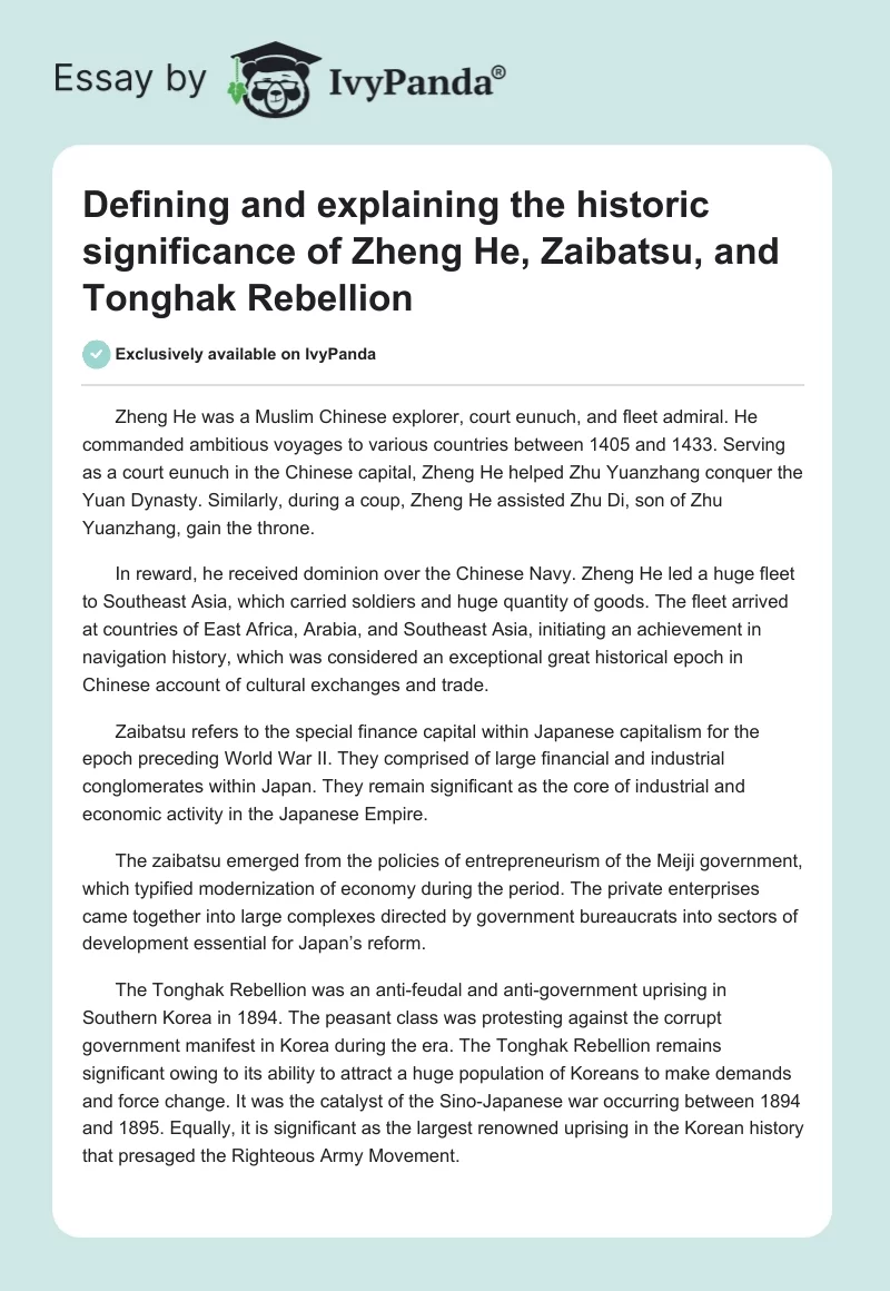 Defining and explaining the historic significance of Zheng He, Zaibatsu, and Tonghak Rebellion. Page 1