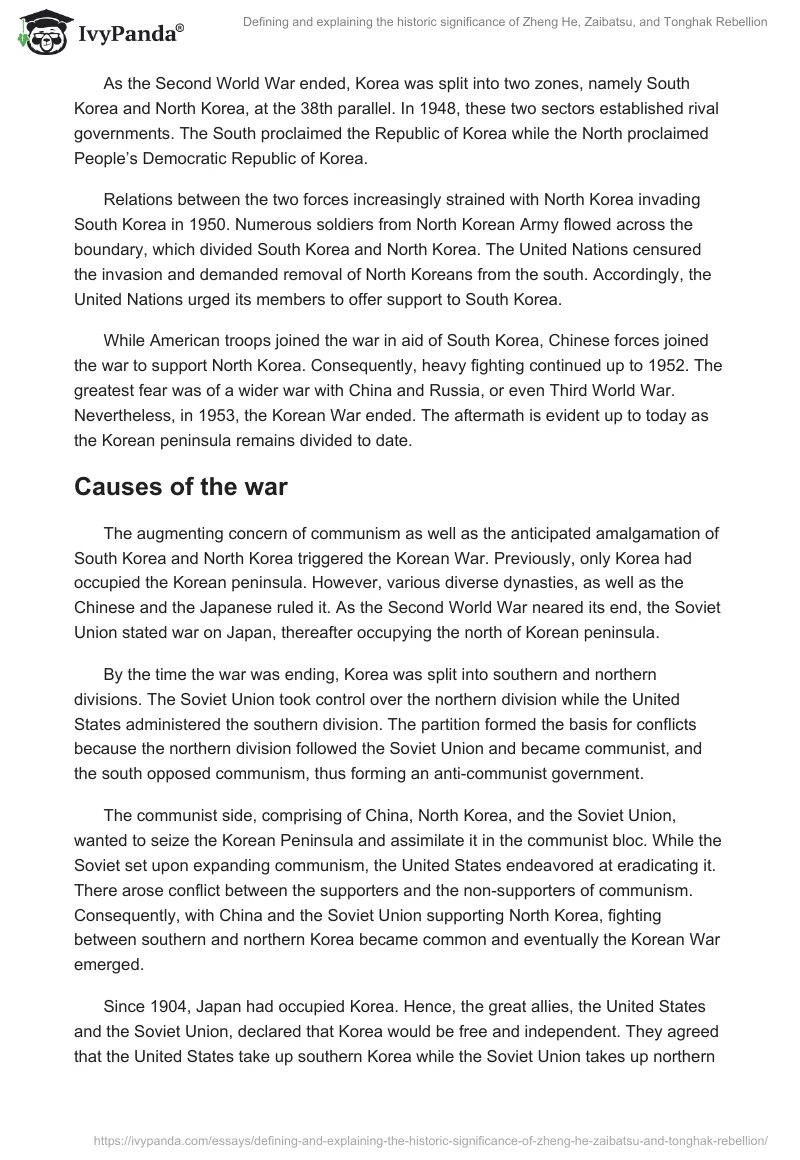 Defining and explaining the historic significance of Zheng He, Zaibatsu, and Tonghak Rebellion. Page 4