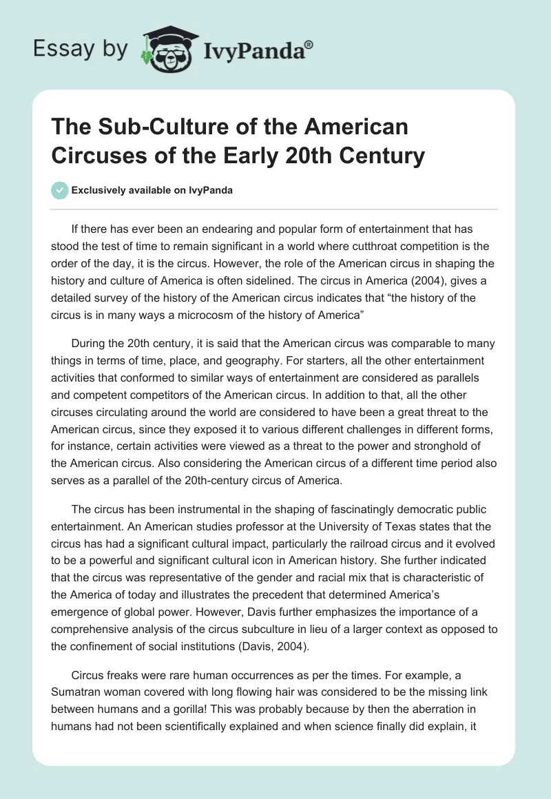 The Sub-Culture of the American Circuses of the Early 20th Century. Page 1