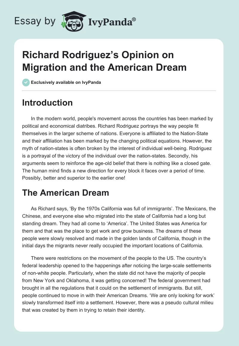 Richard Rodriguez’s Opinion on Migration and the American Dream. Page 1