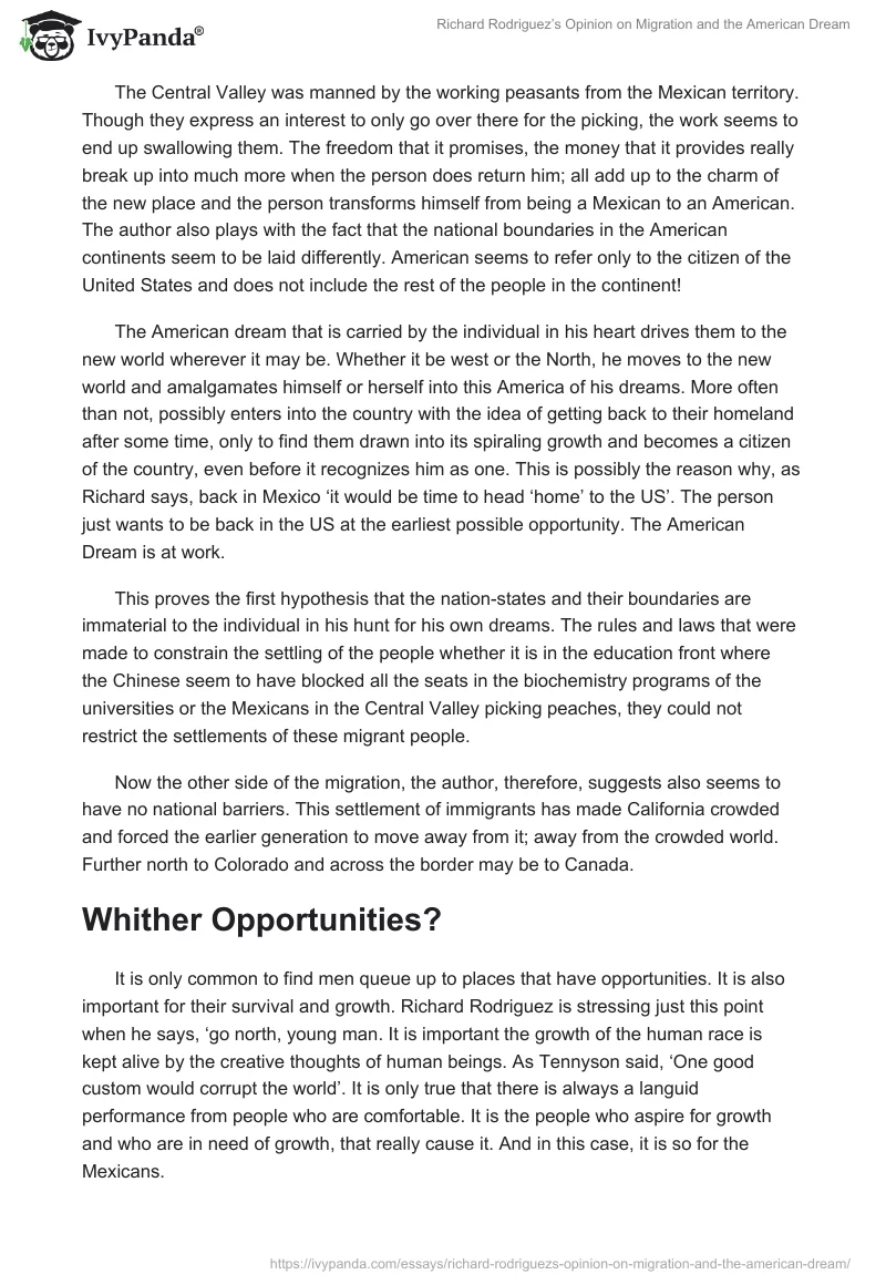 Richard Rodriguez’s Opinion on Migration and the American Dream. Page 2