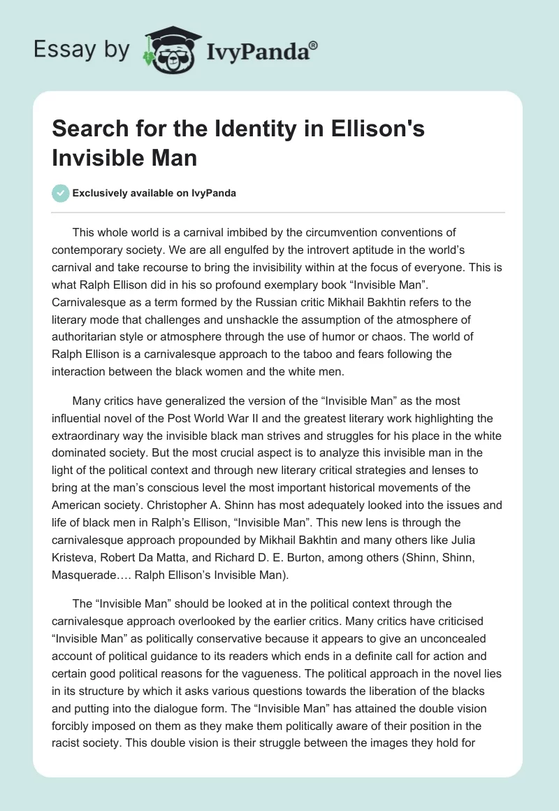 Search for the Identity in Ellison's "Invisible Man". Page 1