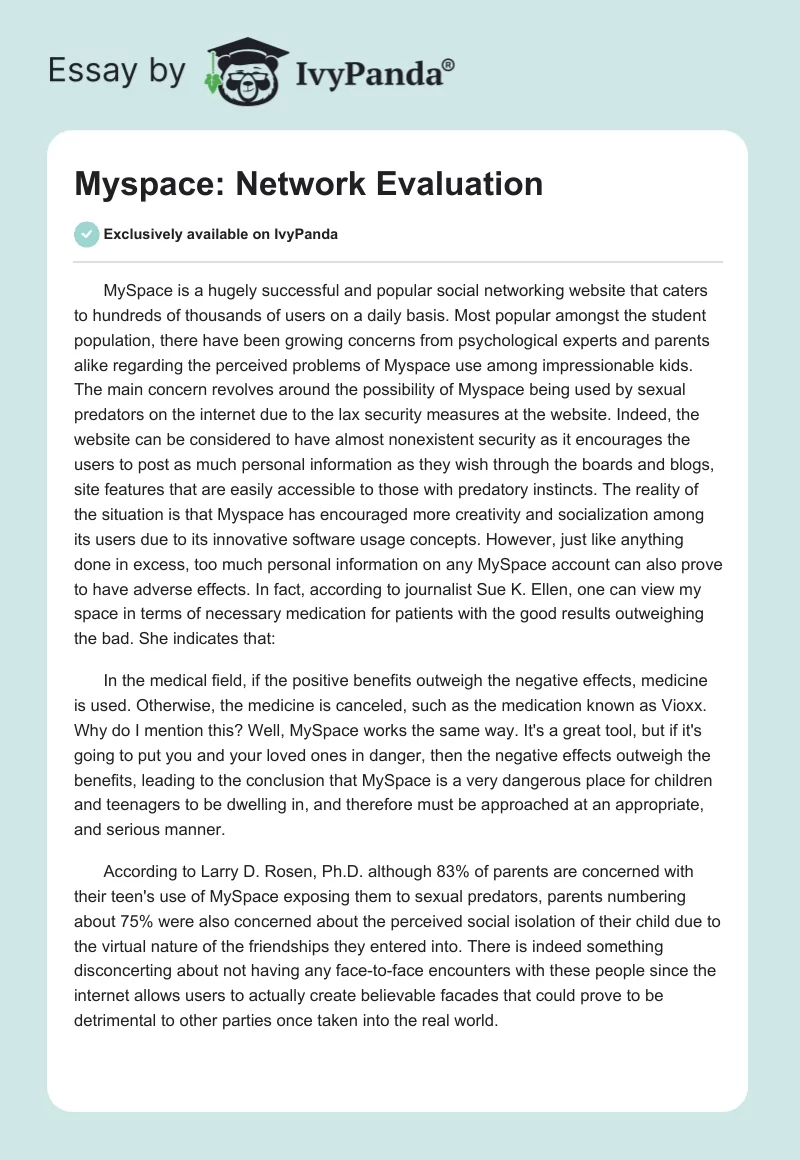 Myspace: Network Evaluation. Page 1