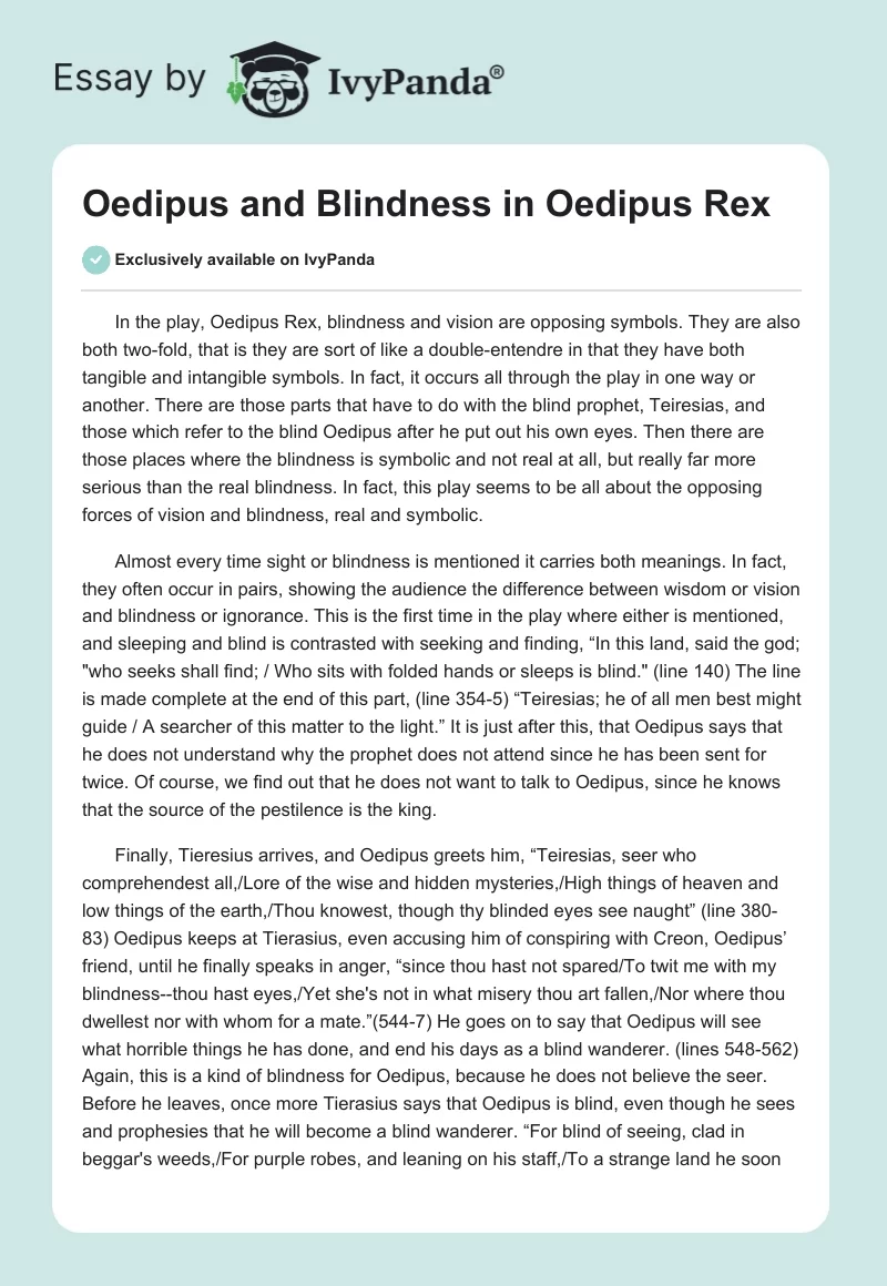 Oedipus and Blindness in "Oedipus Rex". Page 1