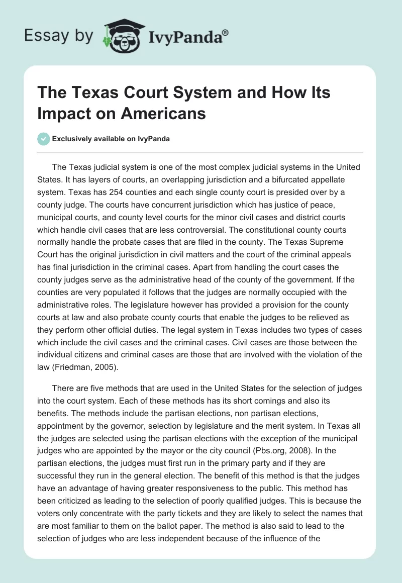 The Texas Court System and How Its Impact on Americans 1024 Words