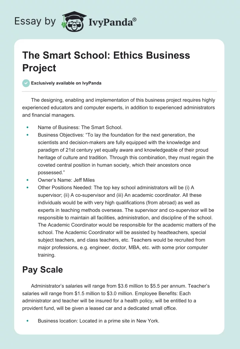 The Smart School: Ethics Business Project. Page 1