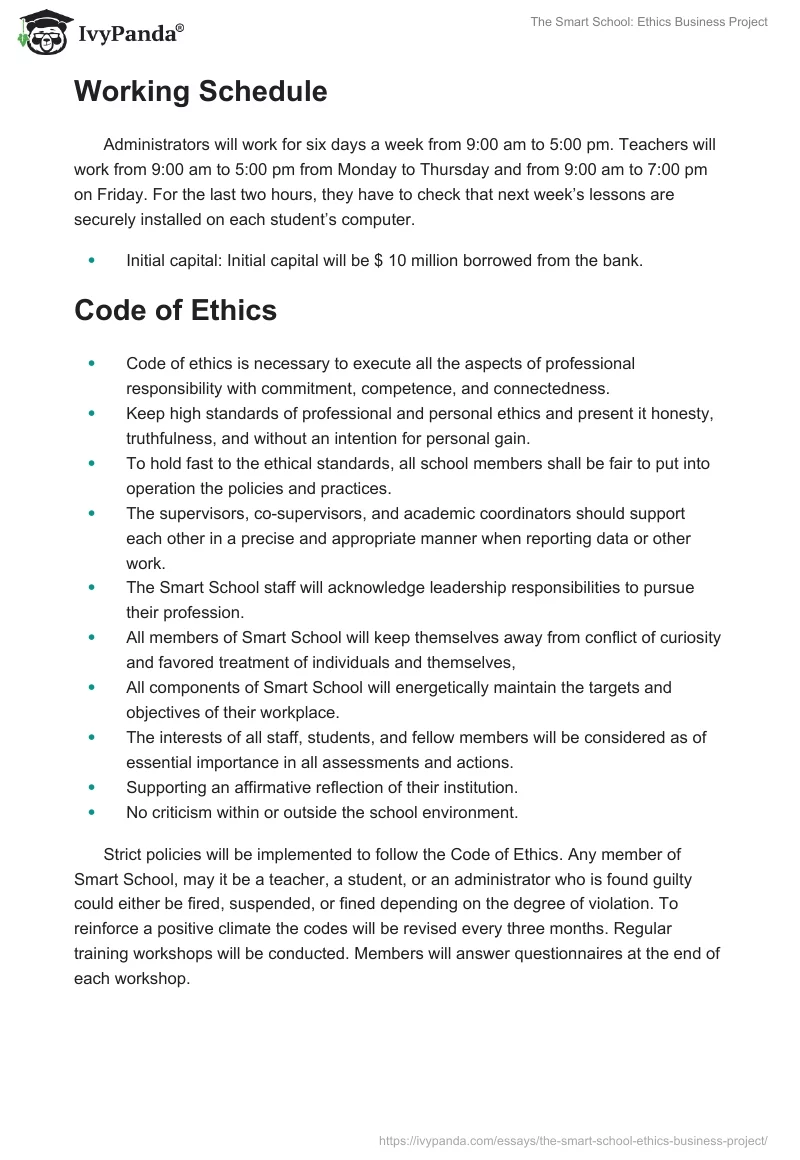 The Smart School: Ethics Business Project. Page 2