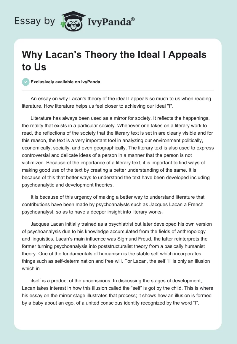 Why Lacan's Theory the Ideal I Appeals to Us. Page 1