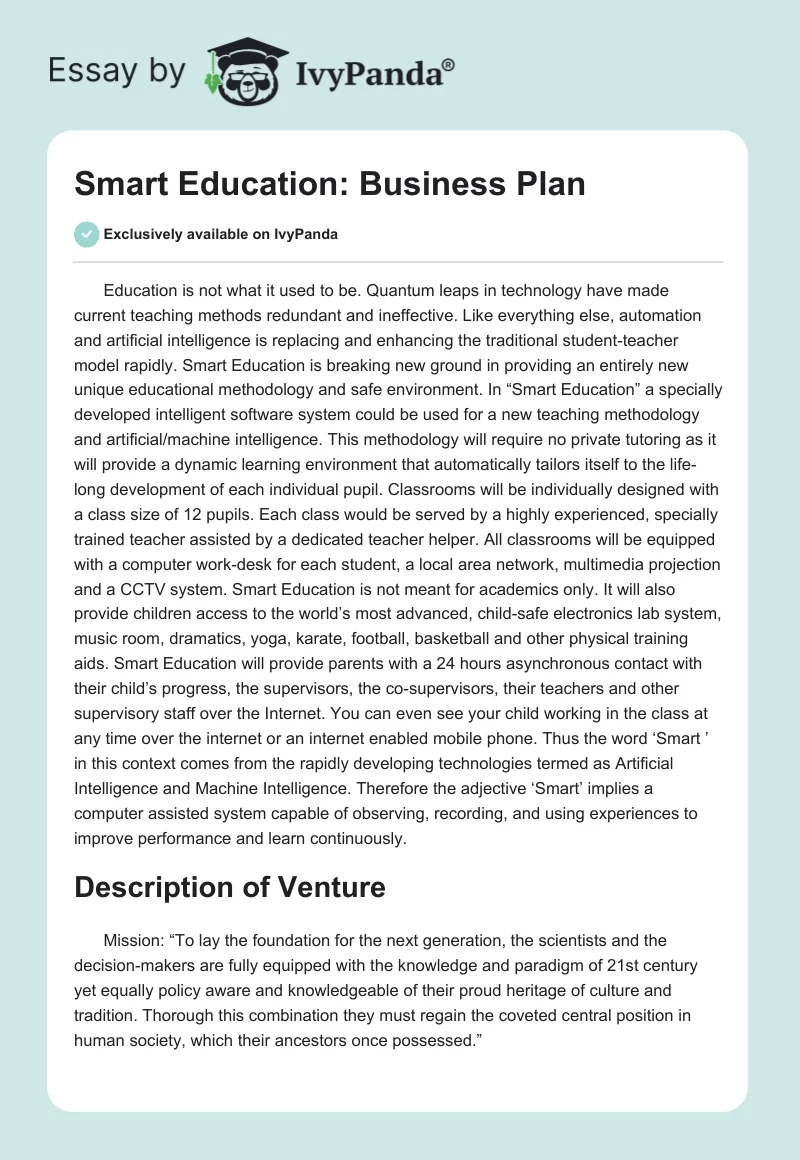 Smart Education: Business Plan. Page 1
