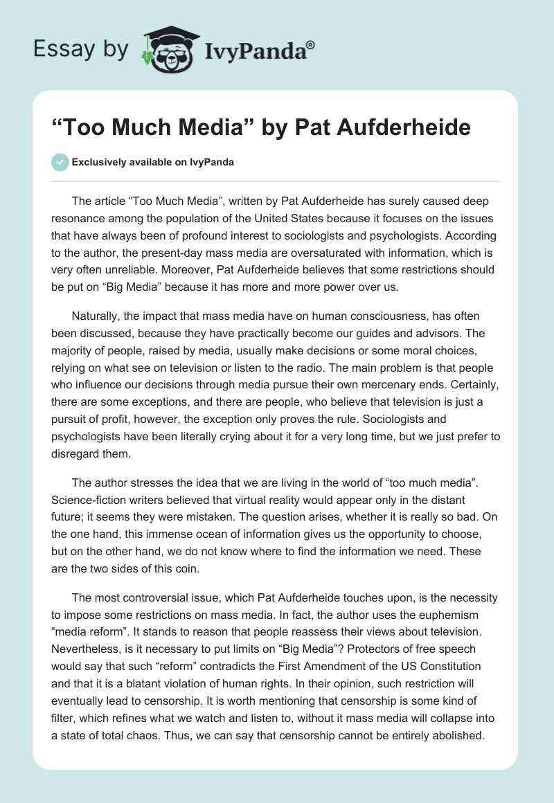 “Too Much Media” by Pat Aufderheide. Page 1