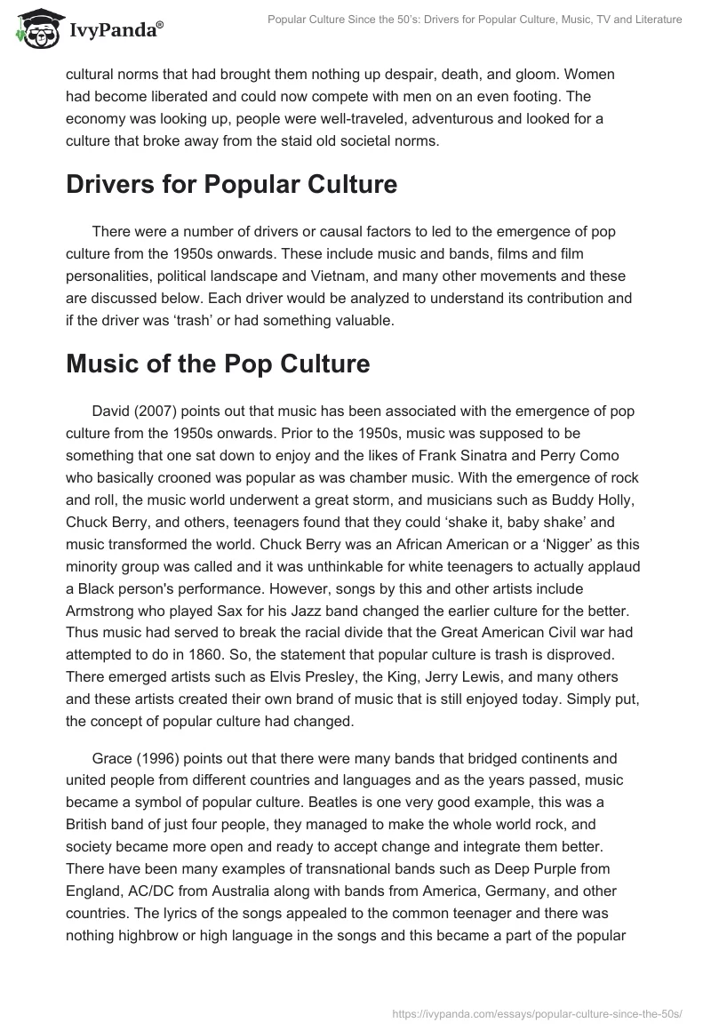 Popular Culture Since the 50’s: Drivers for Popular Culture, Music, TV and Literature. Page 2