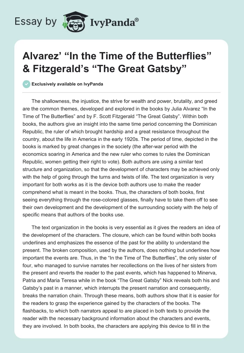 Alvarez’ “In the Time of the Butterflies” & Fitzgerald’s “The Great Gatsby”. Page 1
