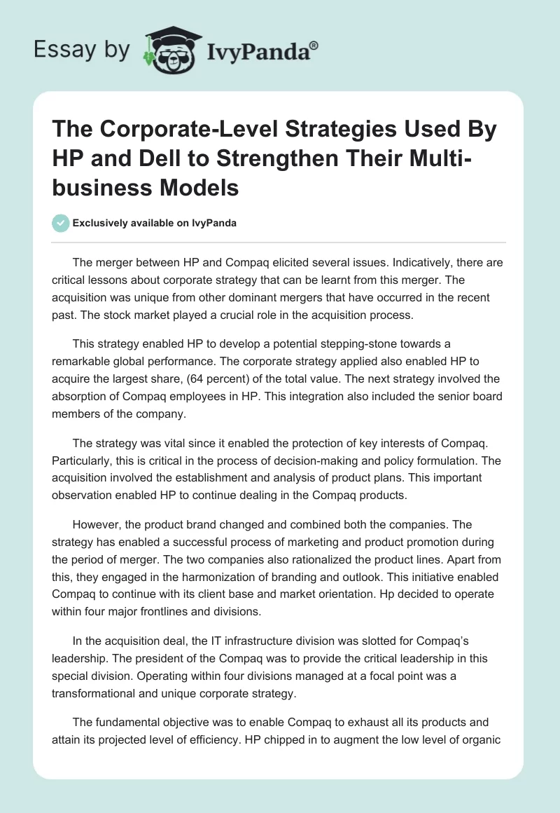 The Corporate-Level Strategies Used by HP and Dell to Strengthen Their Multi-Business Models. Page 1