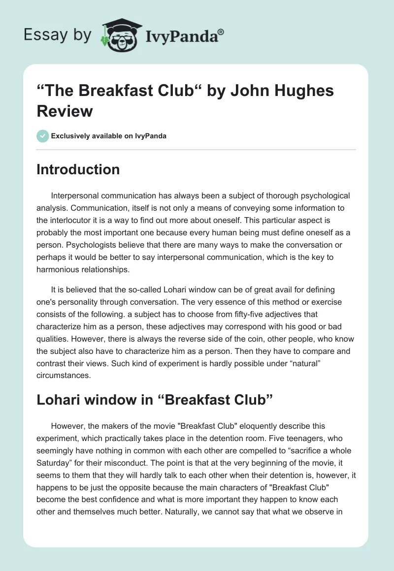 “The Breakfast Club“ by John Hughes Review. Page 1