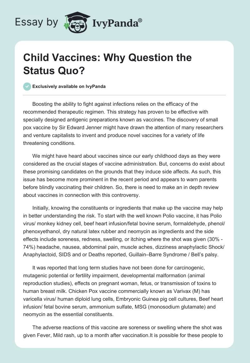 Child Vaccines: Why Question the Status Quo?. Page 1