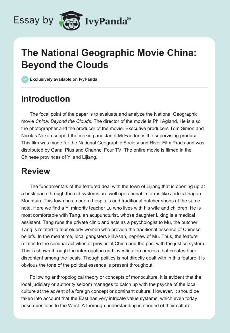 The National Geographic Movie "China: Beyond the Clouds". Page 1