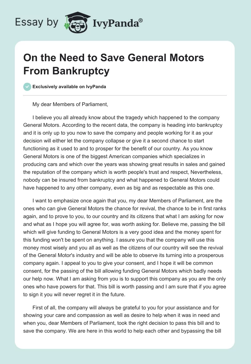 On the Need to Save General Motors From Bankruptcy. Page 1