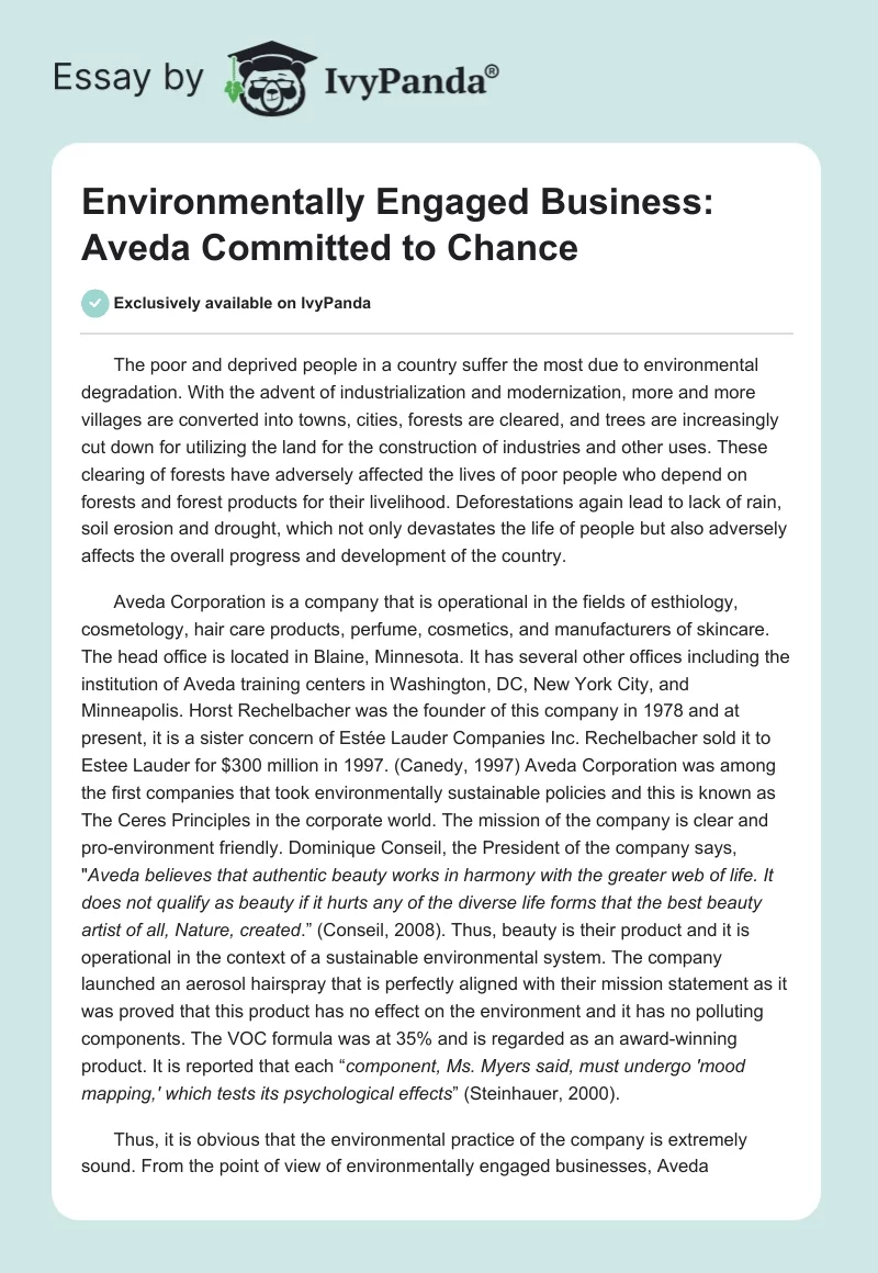 Environmentally Engaged Business: Aveda Committed to Chance. Page 1