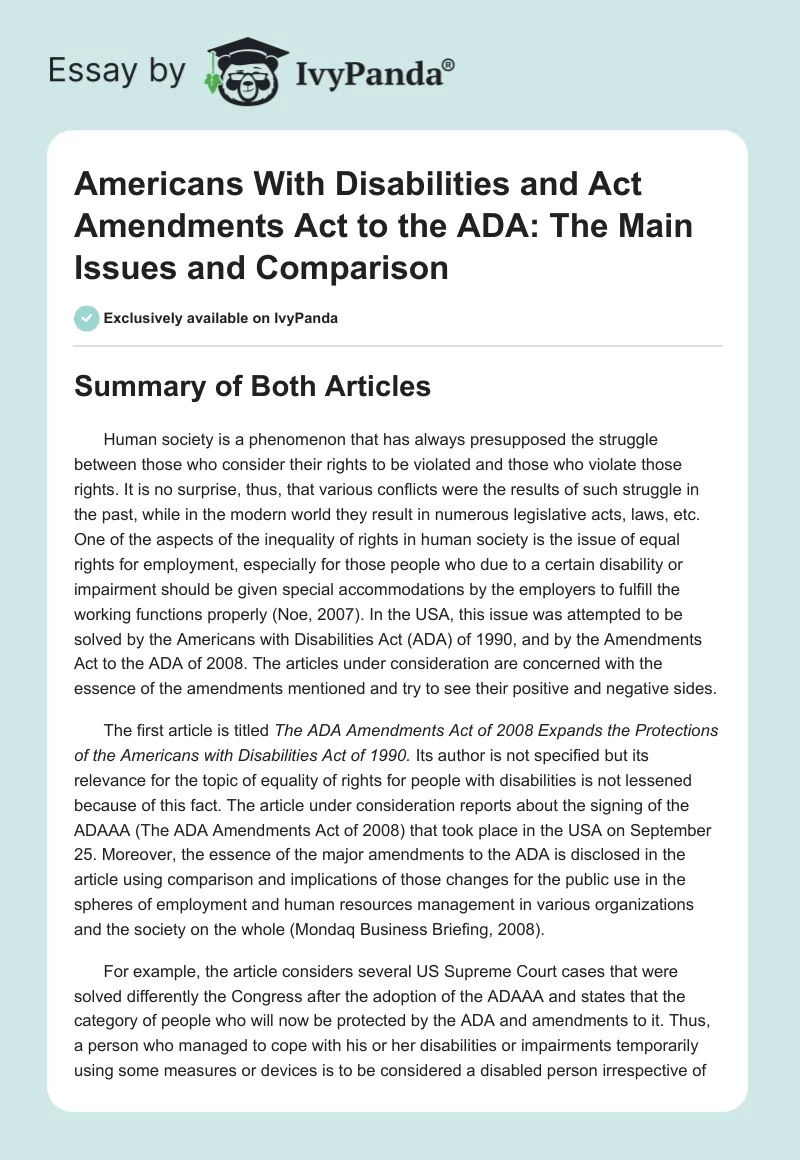 Americans With Disabilities and Act Amendments Act to the ADA: The Main Issues and Comparison. Page 1