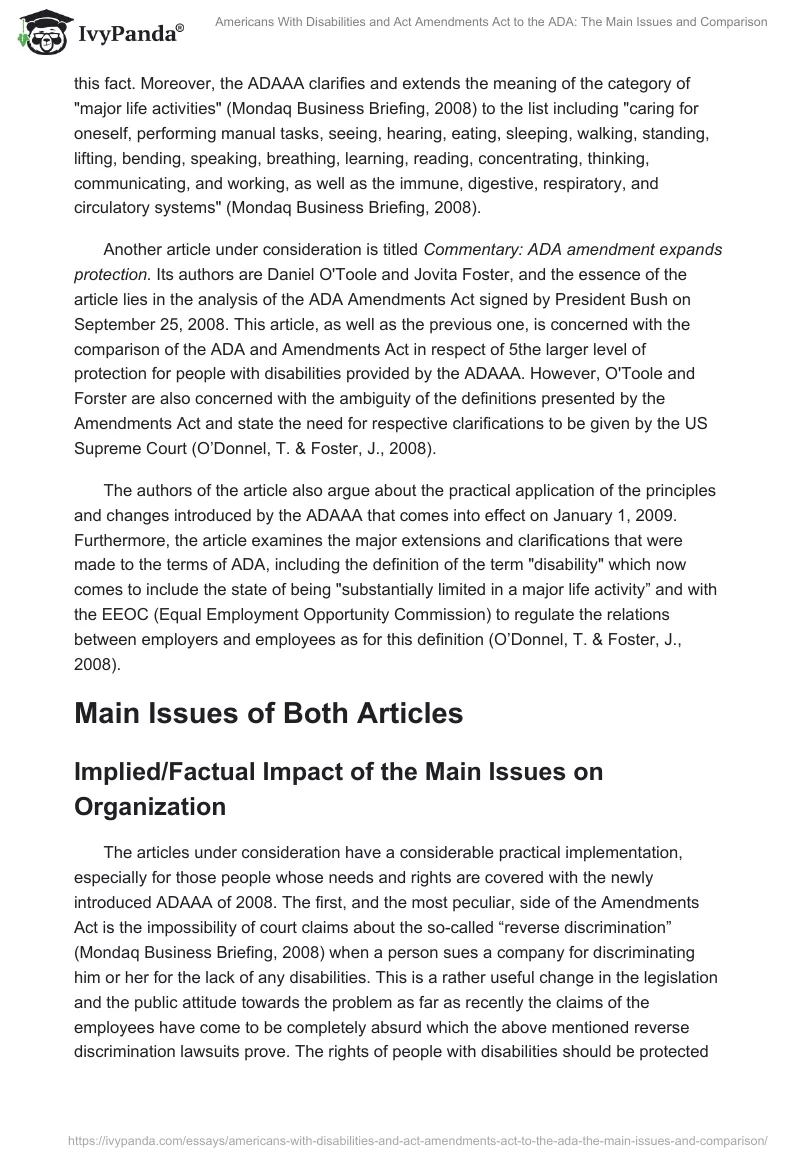 Americans With Disabilities and Act Amendments Act to the ADA: The Main Issues and Comparison. Page 2