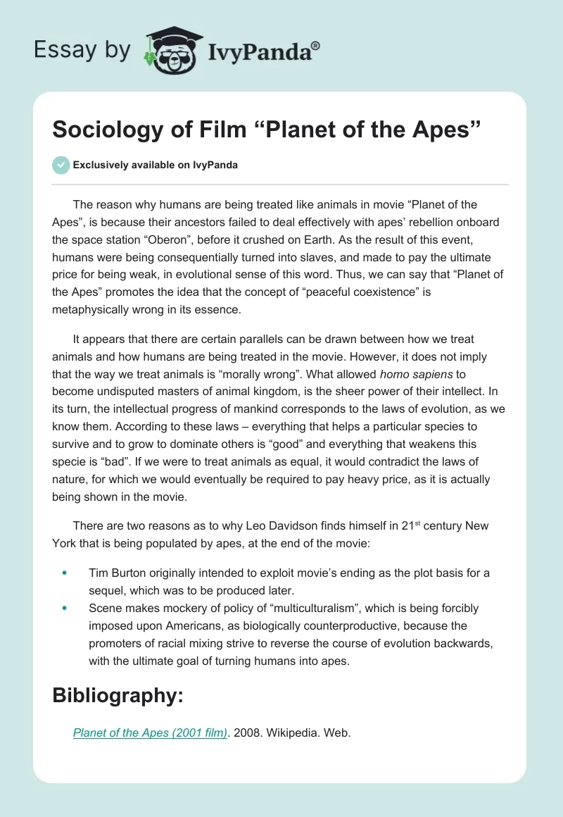 Sociology of Film “Planet of the Apes”. Page 1