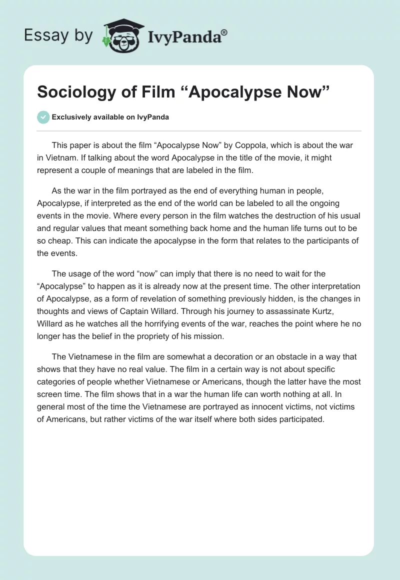 Sociology of Film “Apocalypse Now”. Page 1