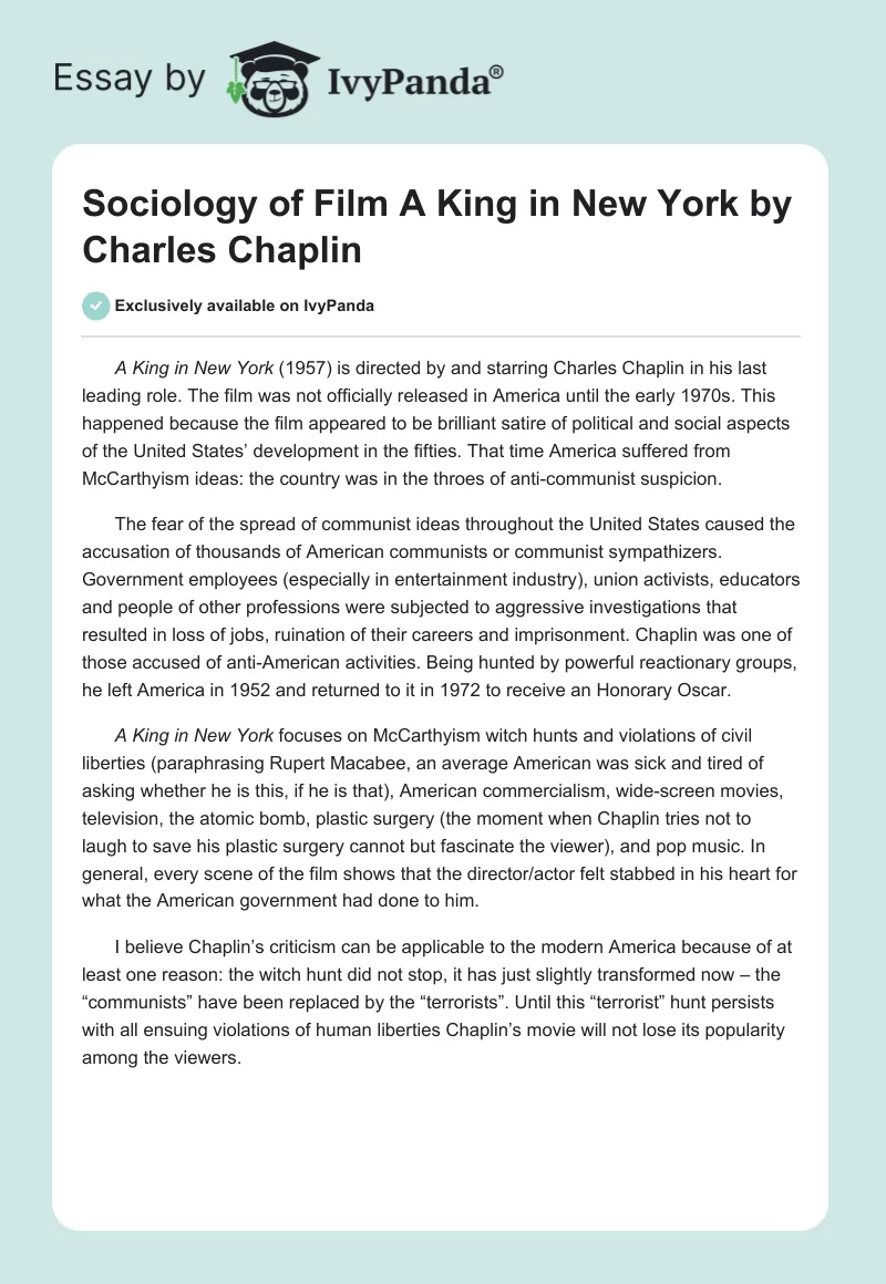 Sociology of Film "A King in New York" by Charles Chaplin. Page 1