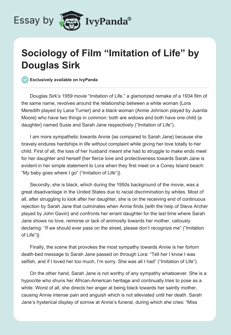 Sociology of Film “Imitation of Life” by Douglas Sirk. Page 1