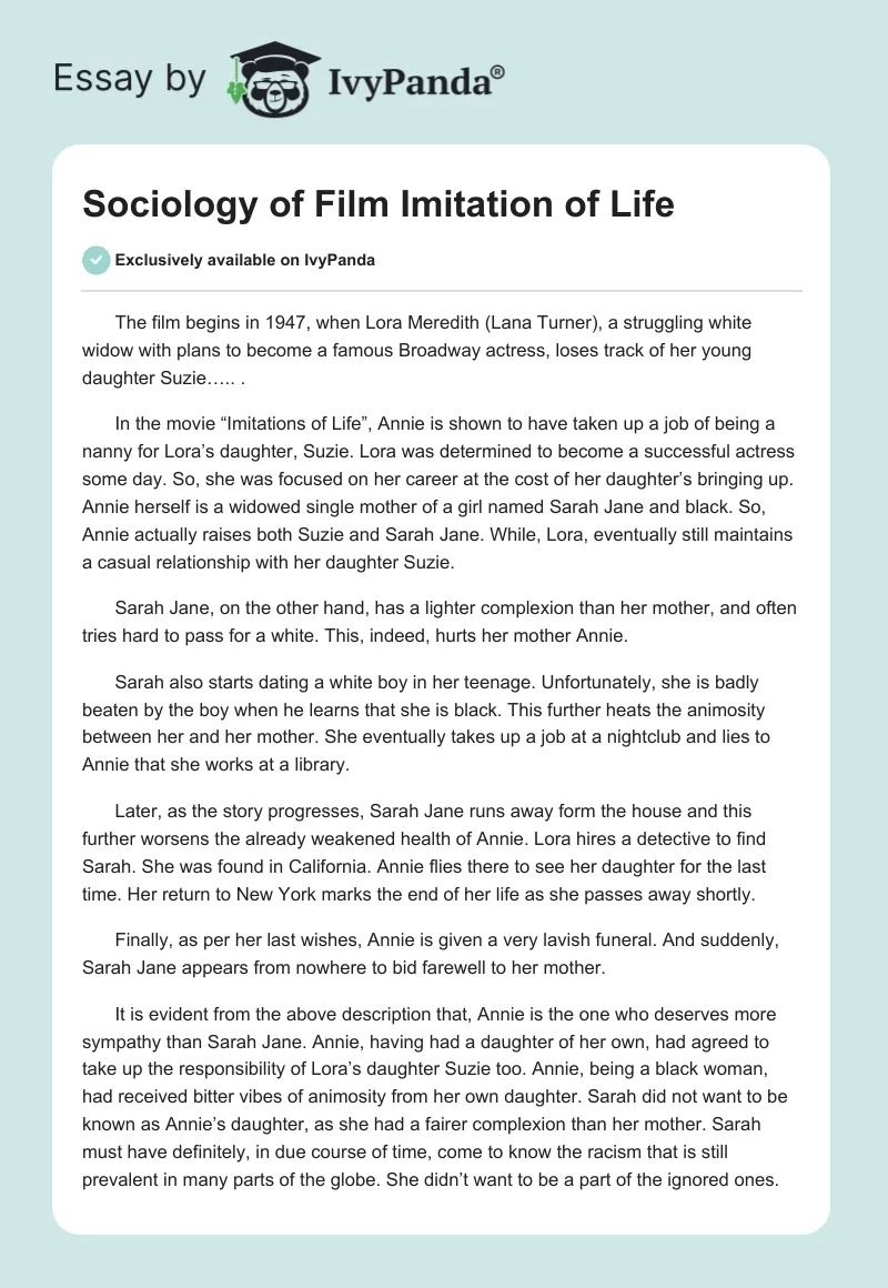 Sociology of Film "Imitation of Life". Page 1