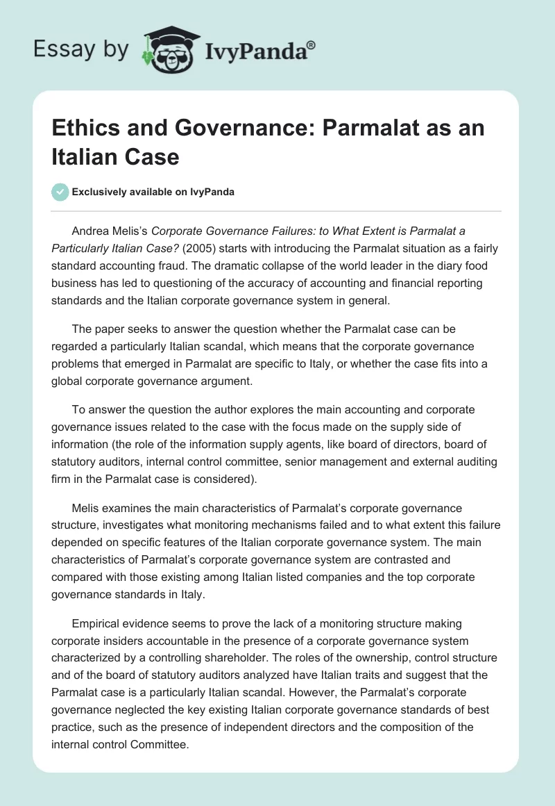 Ethics and Governance: Parmalat as an Italian Case. Page 1
