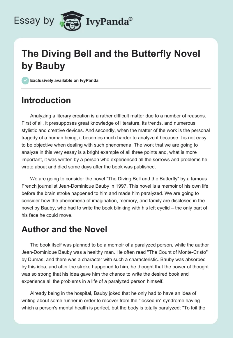 "The Diving Bell and the Butterfly" Novel by Bauby. Page 1