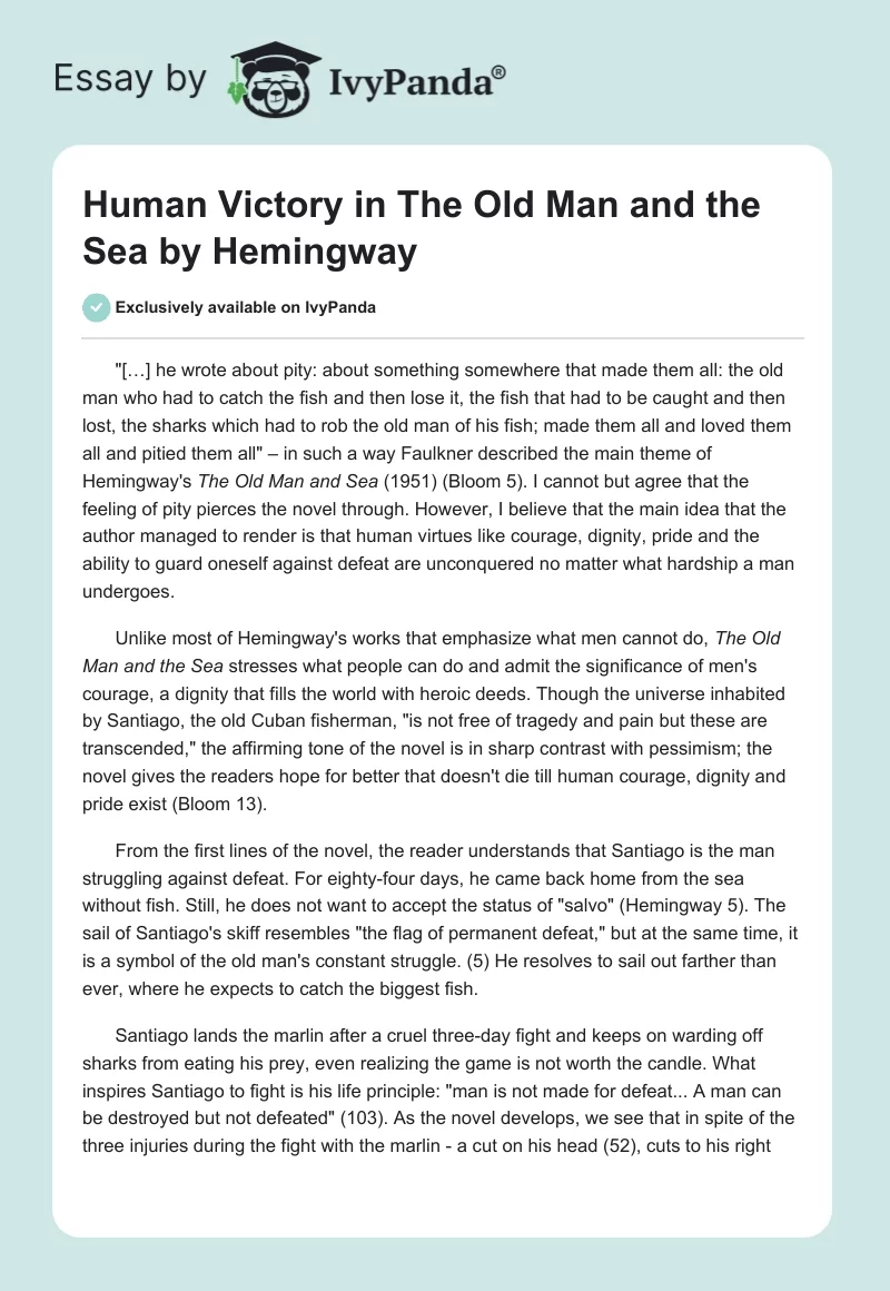 Human Victory in "The Old Man and the Sea" by Hemingway. Page 1
