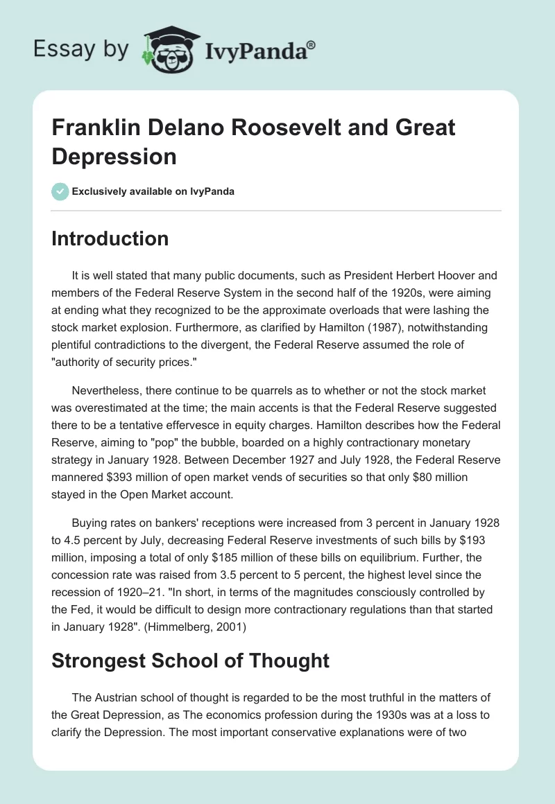 Franklin Delano Roosevelt and Great Depression. Page 1