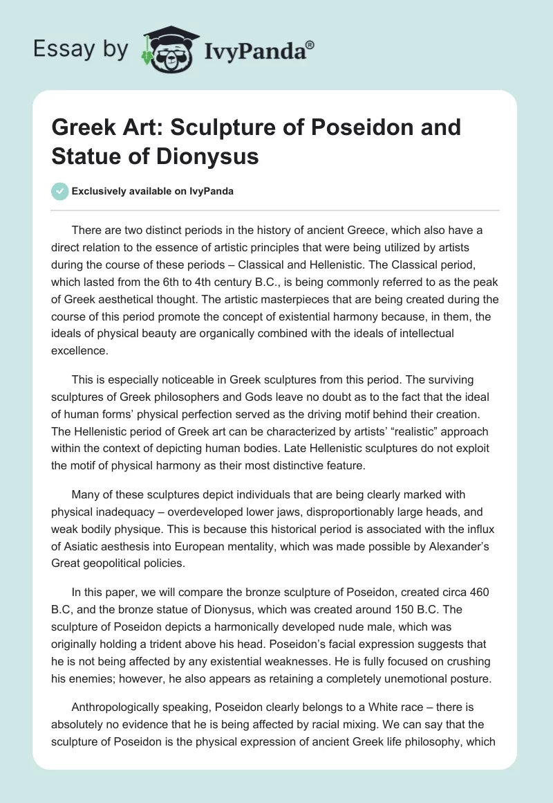 Greek Art: Sculpture of Poseidon and Statue of Dionysus. Page 1